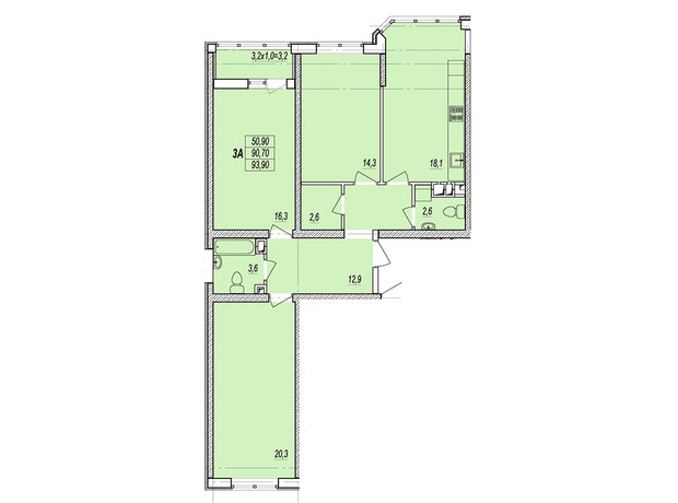 ЖК Прохоровський квартал: планування 3-кімнатної квартири 93.1 м²