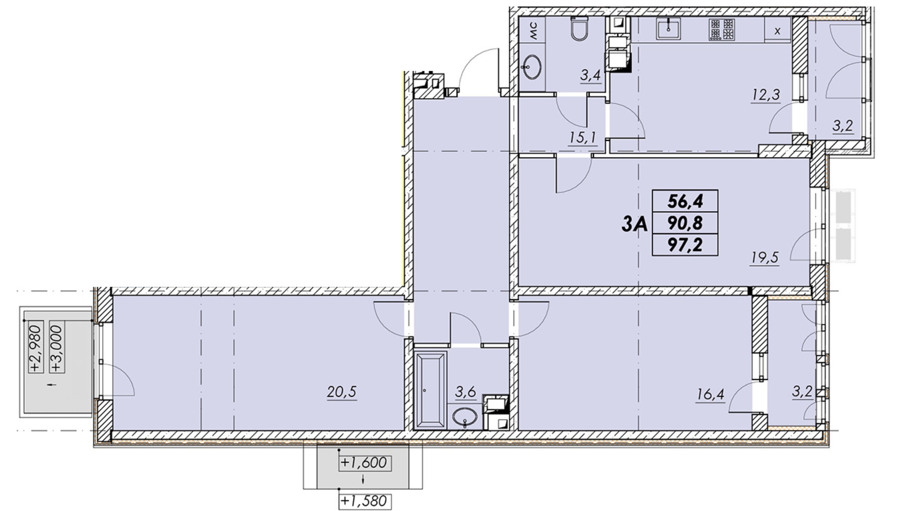 Планировка 3-комнатной квартиры в ЖК Прохоровский квартал 99.3 м², фото 576566