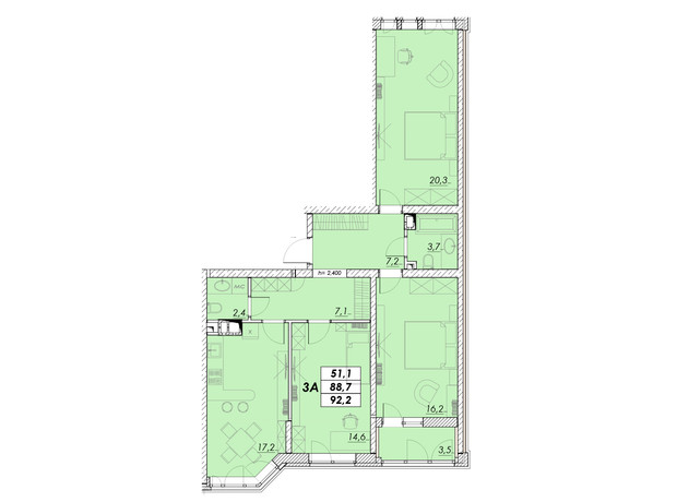 ЖК Прохоровський квартал: планування 3-кімнатної квартири 92.2 м²