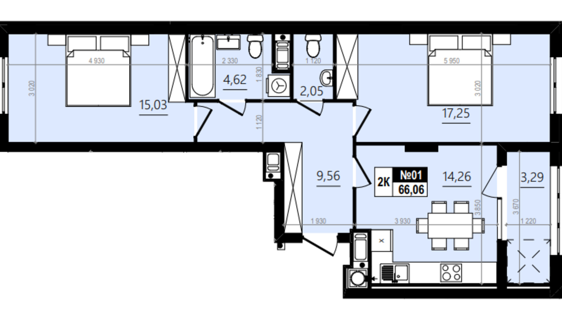 Планировка 2-комнатной квартиры в ЖК Парус Comfort 69.4 м², фото 576627