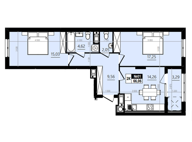 ЖК Парус Comfort: планировка 2-комнатной квартиры 69.4 м²