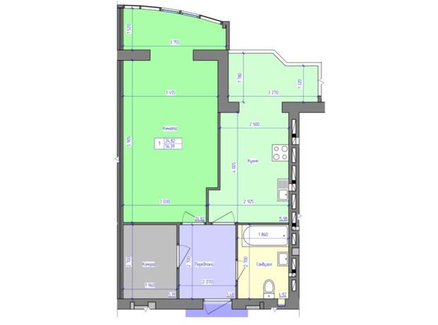 ЖК Аристократ: планировка 1-комнатной квартиры 56 м²