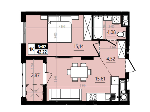 ЖК Парус Comfort: планування 1-кімнатної квартири 45.12 м²