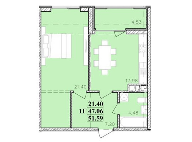 ЖК Modern: планировка 1-комнатной квартиры 51.59 м²