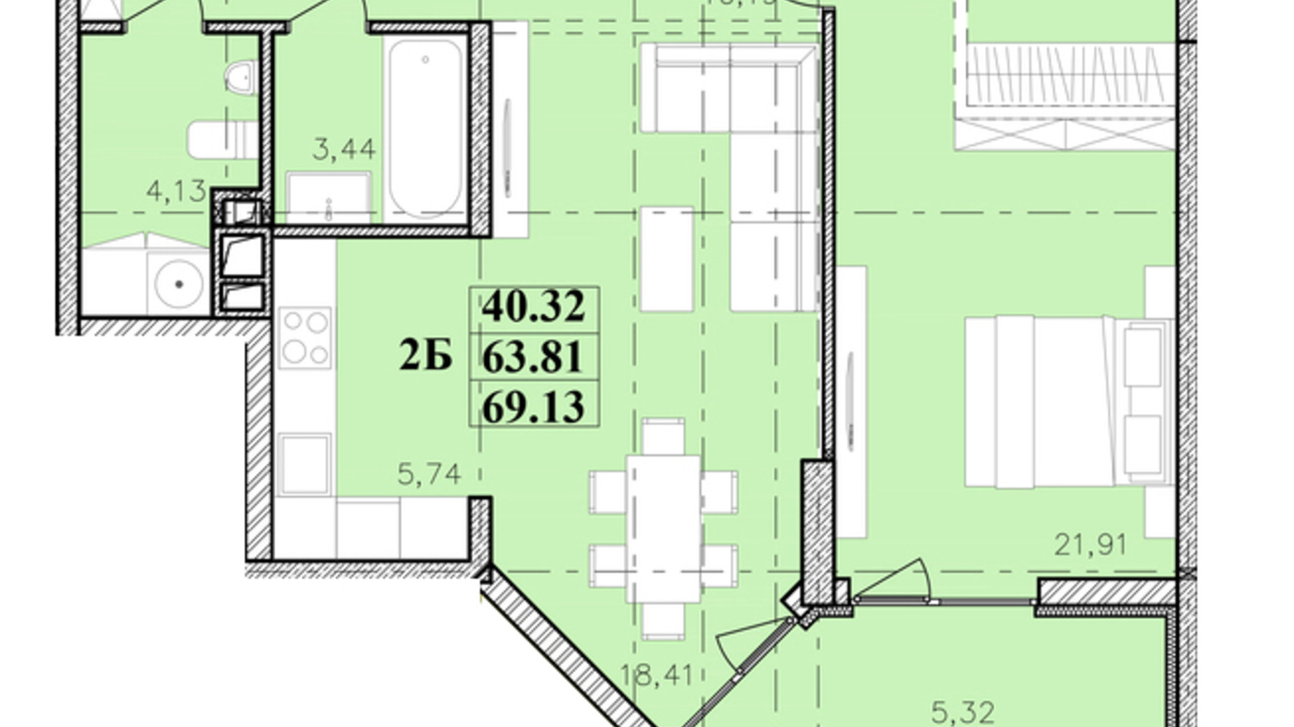 Планування 2-кімнатної квартири в ЖК Modern 69.13 м², фото 576662