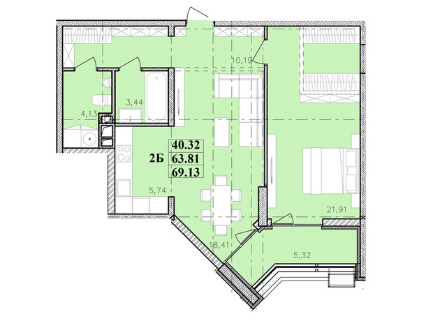 ЖК Modern: планировка 2-комнатной квартиры 69.13 м²