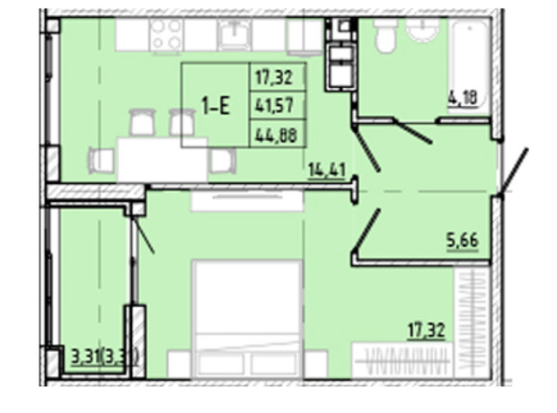 ЖК Modern: планировка 1-комнатной квартиры 44.88 м²