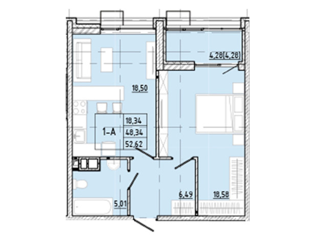 ЖК Modern: планування 1-кімнатної квартири 55.15 м²