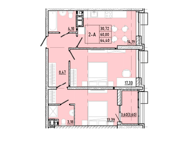 ЖК Modern: планування 2-кімнатної квартири 64.4 м²