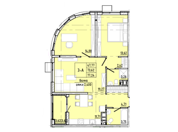 ЖК Modern: планировка 3-комнатной квартиры 77.24 м²