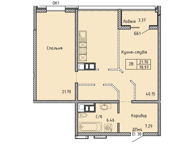 ЖК Олімпійський: планування 2-кімнатної квартири 79.1 м²