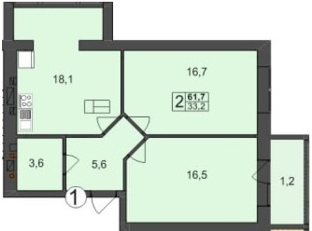 ЖК Мрия на Покровской: планировка 2-комнатной квартиры 61.7 м²