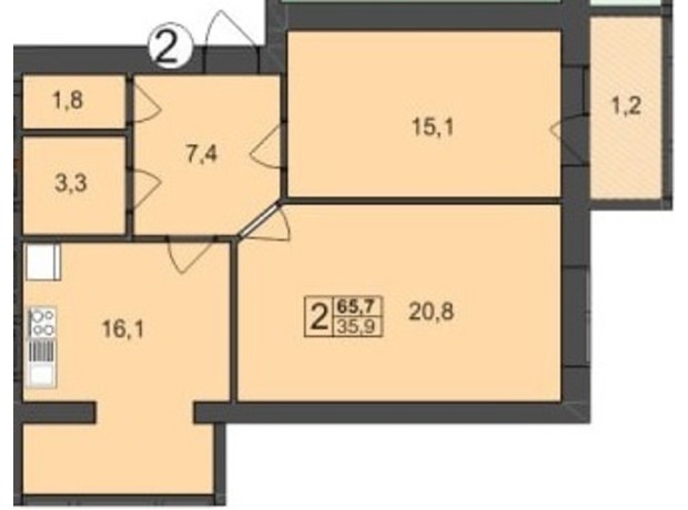 ЖК Мрія на Покровській: планування 2-кімнатної квартири 65.7 м²