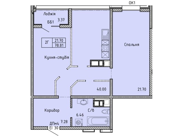 ЖК Олимпийский: планировка 2-комнатной квартиры 79 м²