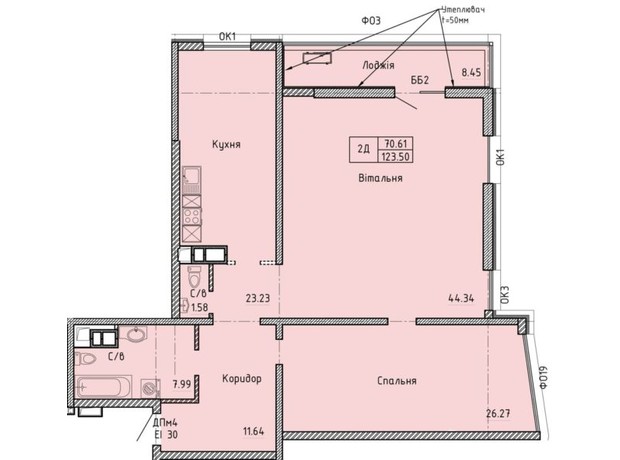 ЖК Олімпійський: планування 2-кімнатної квартири 123.9 м²