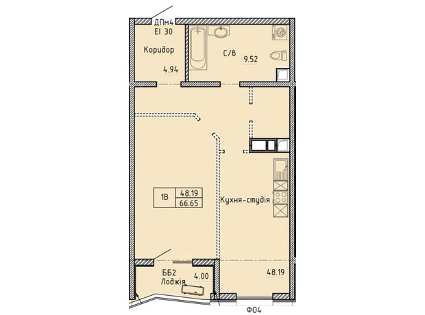 ЖК Олимпийский: планировка 1-комнатной квартиры 67.1 м²