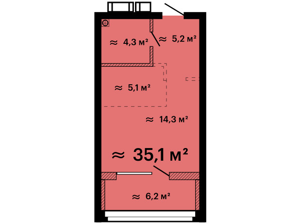 ЖК Скай Сіті Плюс: планування 1-кімнатної квартири 35.1 м²