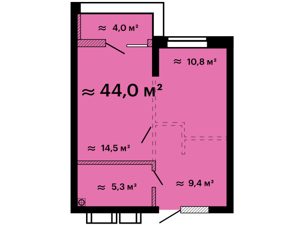 ЖК Скай Сіті Плюс: планування 1-кімнатної квартири 44 м²