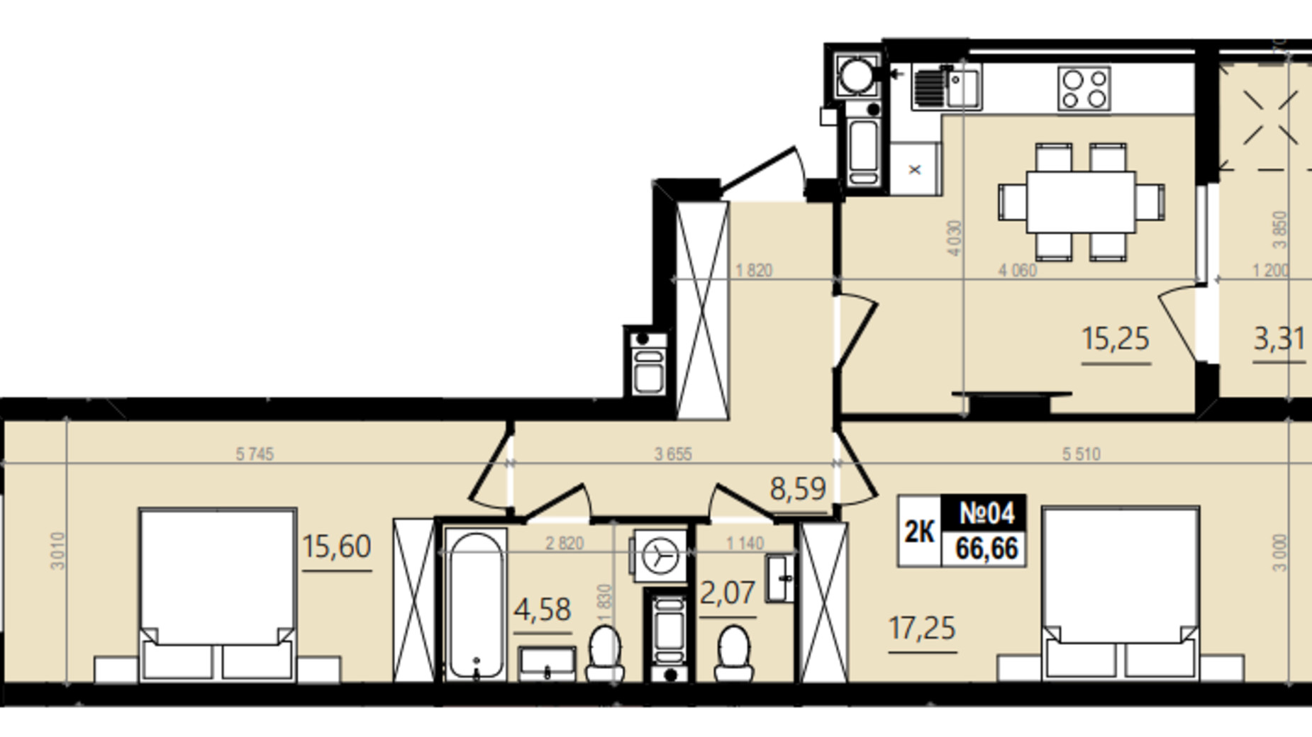 Планировка 2-комнатной квартиры в ЖК Парус Comfort 70.7 м², фото 576732