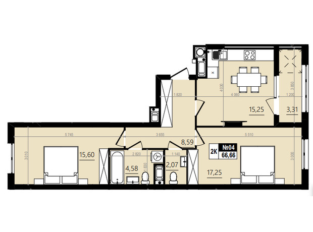 ЖК Парус Comfort: планировка 2-комнатной квартиры 70.7 м²