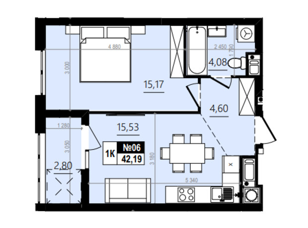 ЖК Парус Comfort: планування 1-кімнатної квартири 45.15 м²