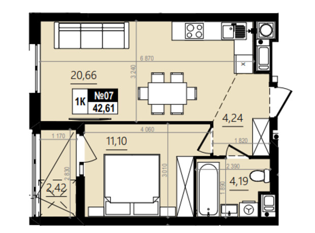 ЖК Парус Comfort: планування 1-кімнатної квартири 45.7 м²