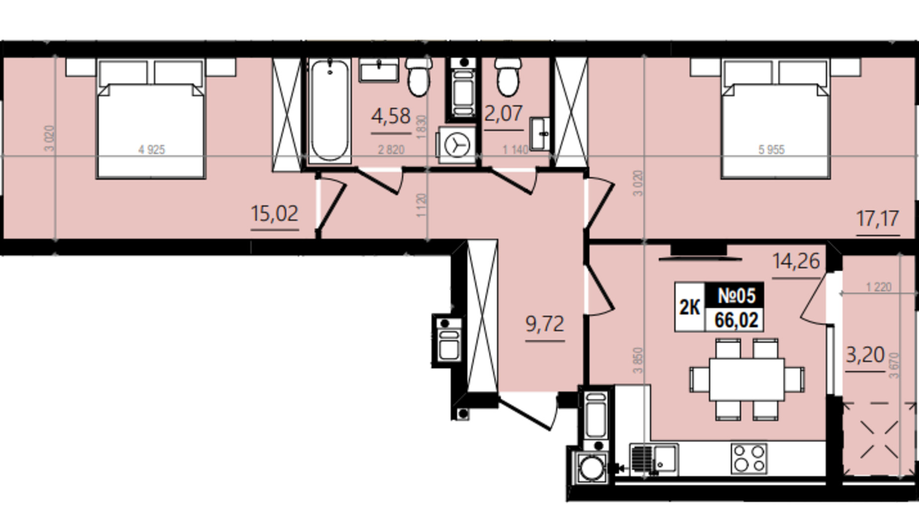 Планировка 2-комнатной квартиры в ЖК Парус Comfort 68.6 м², фото 576737
