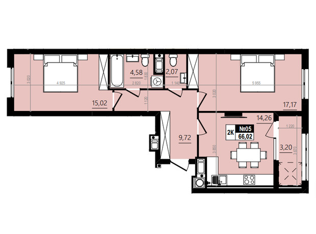 ЖК Парус Comfort: планування 2-кімнатної квартири 68.6 м²