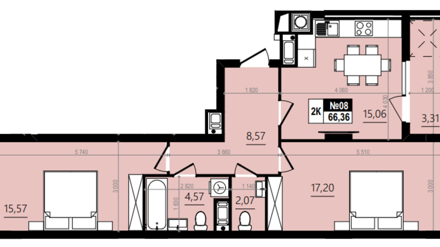 Планировка 2-комнатной квартиры в ЖК Парус Comfort 70.58 м², фото 576739