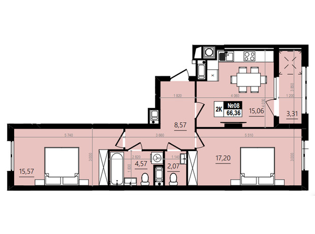 ЖК Парус Comfort: планировка 2-комнатной квартиры 70.58 м²