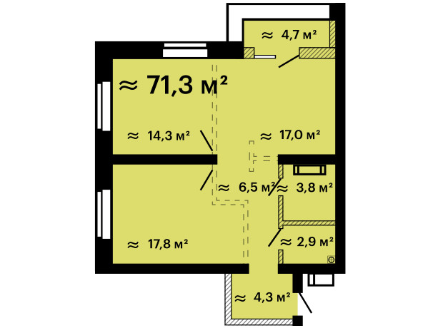 ЖК Скай Сити Плюс: планировка 2-комнатной квартиры 71.3 м²