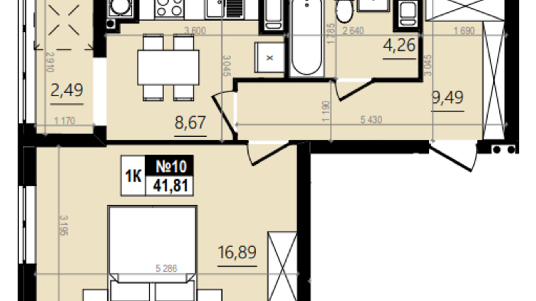 Планування 1-кімнатної квартири в ЖК Парус Comfort 45.52 м², фото 576742