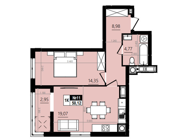 ЖК Парус Comfort: планування 1-кімнатної квартири 53.08 м²
