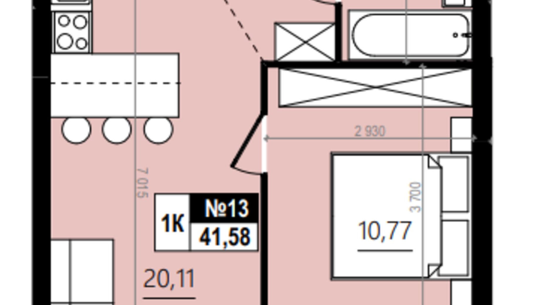 Планировка 1-комнатной квартиры в ЖК Парус Comfort 44.36 м², фото 576744