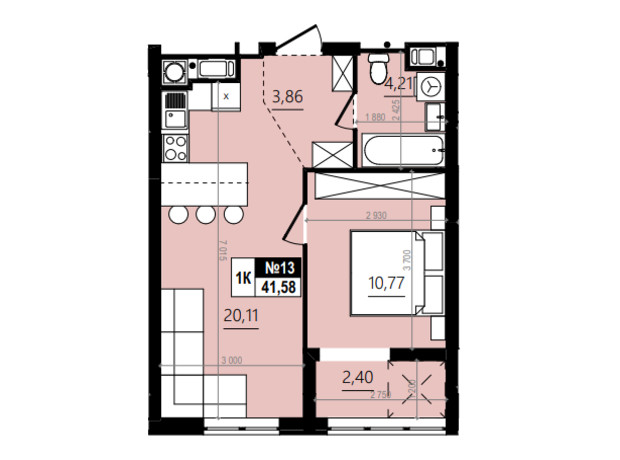 ЖК Парус Comfort: планировка 1-комнатной квартиры 44.35 м²