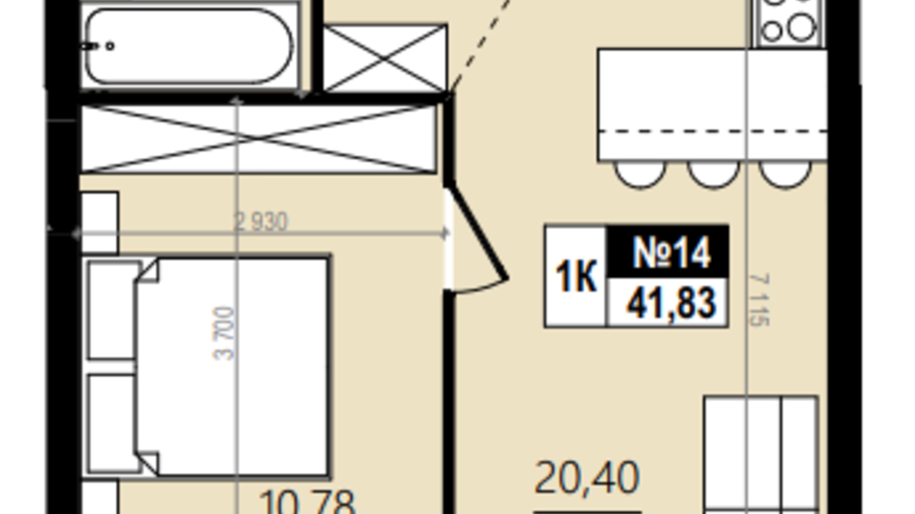 Планировка 1-комнатной квартиры в ЖК Парус Comfort 44.3 м², фото 576746