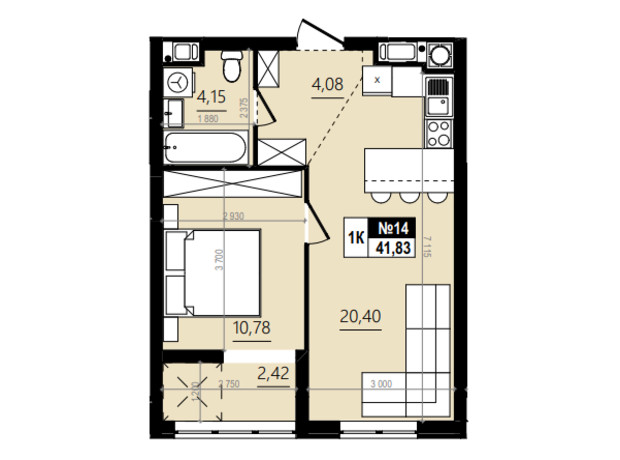 ЖК Парус Comfort: планировка 1-комнатной квартиры 44.3 м²