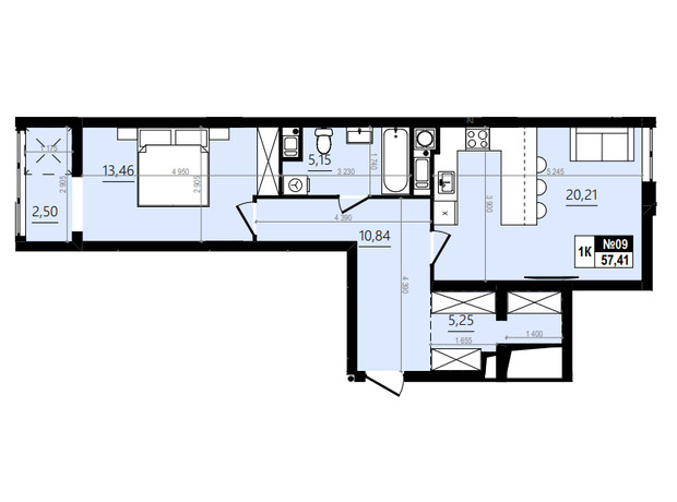 ЖК Парус Comfort: планування 1-кімнатної квартири 61.96 м²