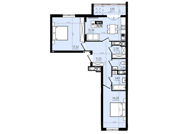 ЖК Парус Comfort: планировка 2-комнатной квартиры 74.78 м²