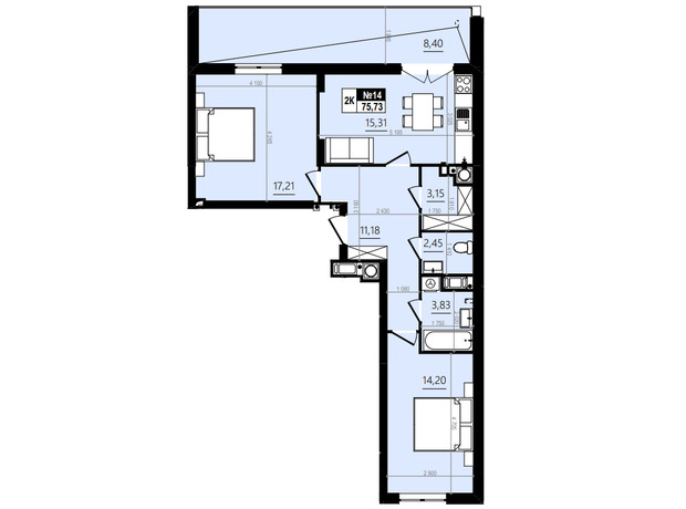 ЖК Парус Comfort: планування 2-кімнатної квартири 74.65 м²