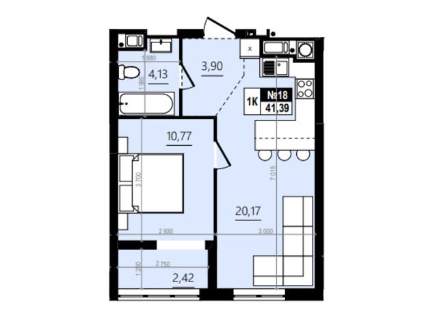 ЖК Парус Comfort: планировка 1-комнатной квартиры 43.52 м²