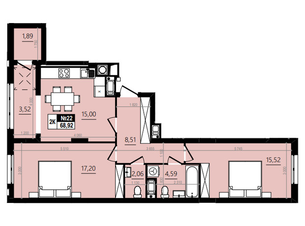 ЖК Парус Comfort: планировка 2-комнатной квартиры 70.28 м²