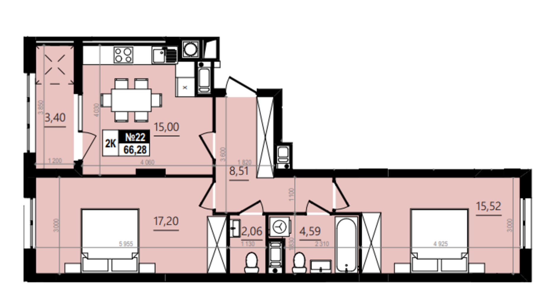 Планування 2-кімнатної квартири в ЖК Парус Comfort 70.17 м², фото 576773