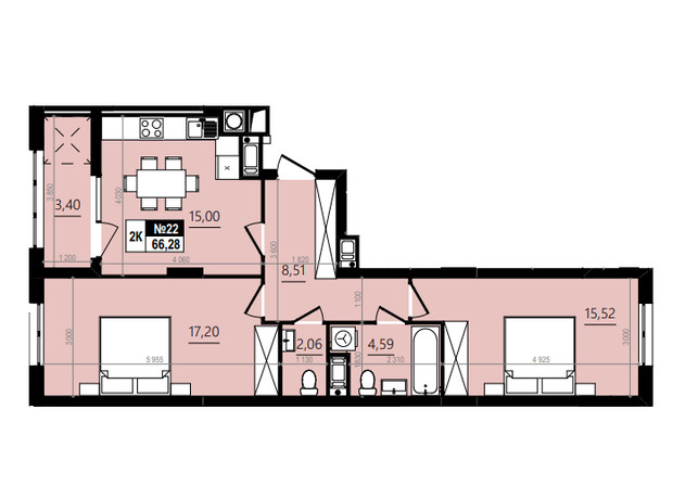 ЖК Парус Comfort: планування 2-кімнатної квартири 70.17 м²