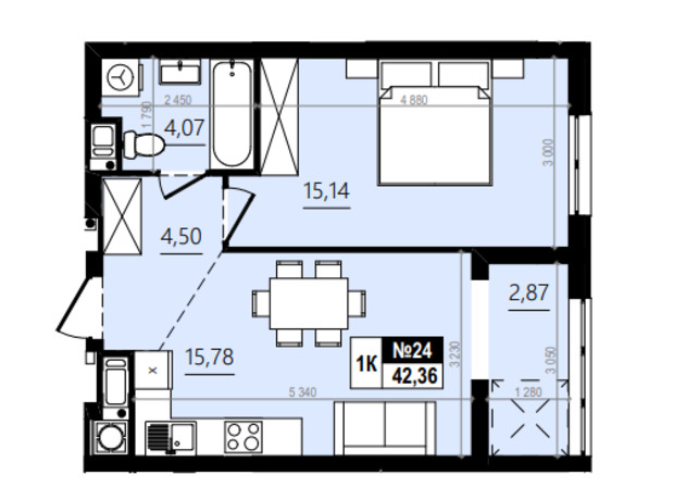 ЖК Парус Comfort: планировка 1-комнатной квартиры 45.18 м²