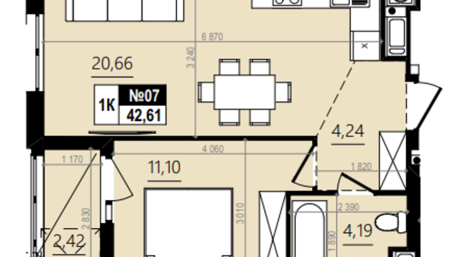 Планування 1-кімнатної квартири в ЖК Парус Comfort 45.23 м², фото 576784