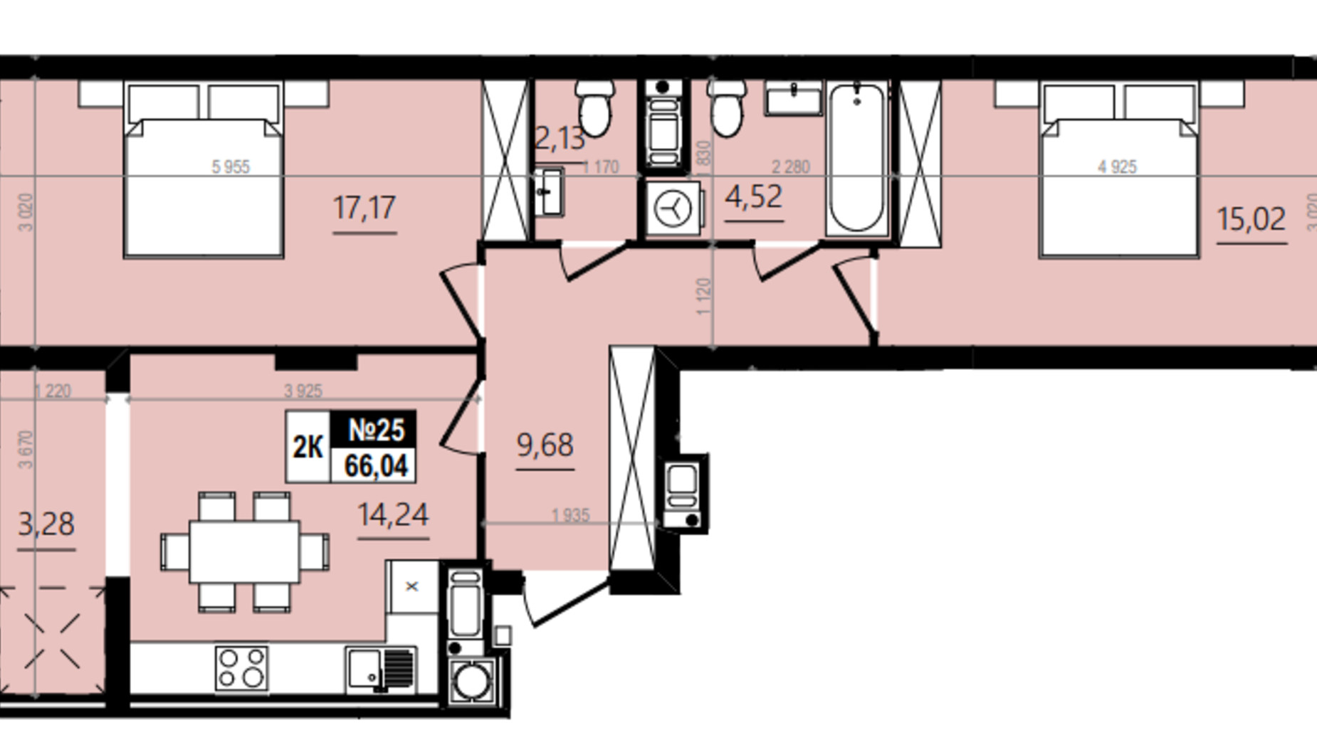 Планировка 2-комнатной квартиры в ЖК Парус Comfort 68.6 м², фото 576785
