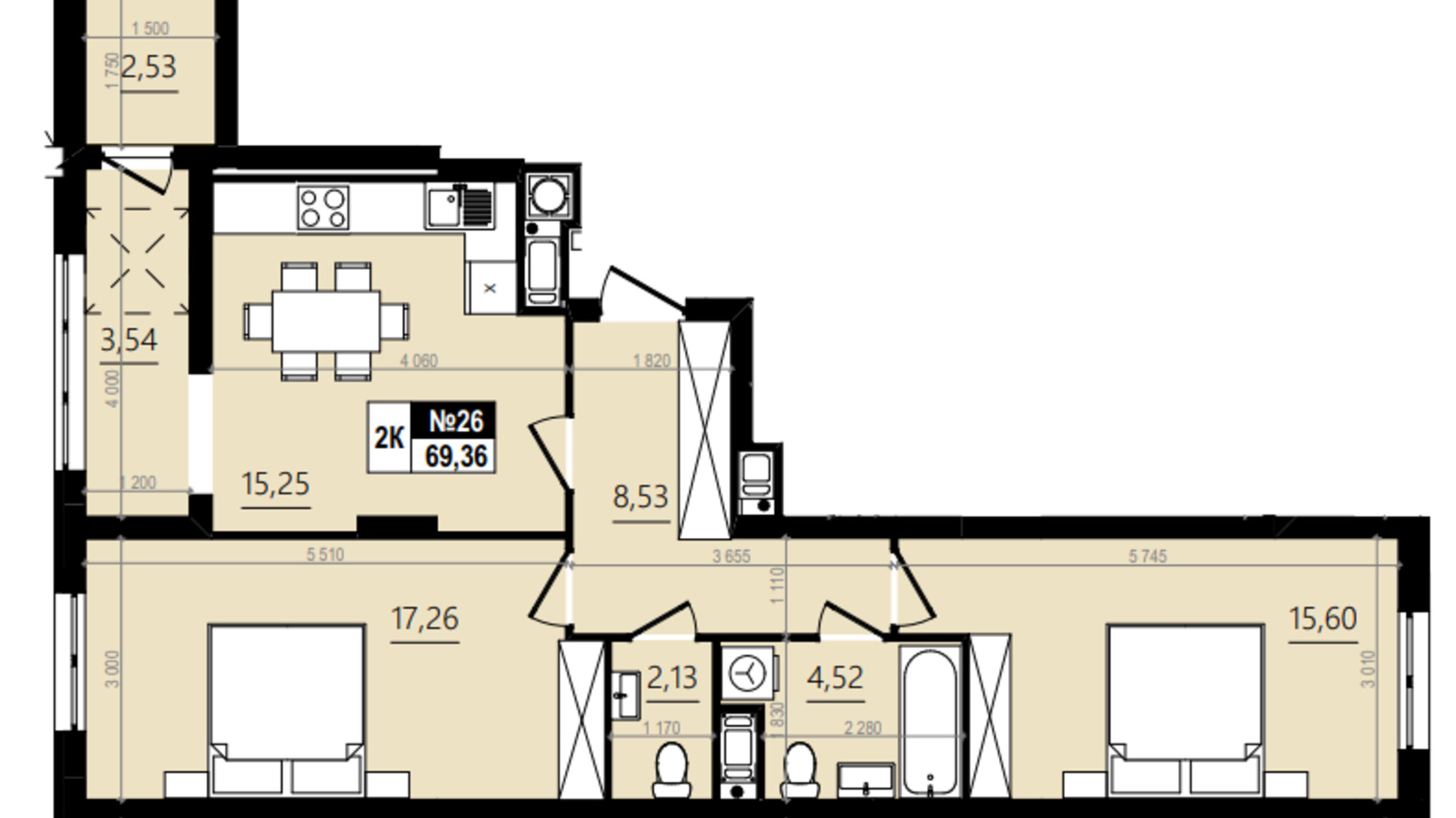 Планировка 2-комнатной квартиры в ЖК Парус Comfort 70.69 м², фото 576786