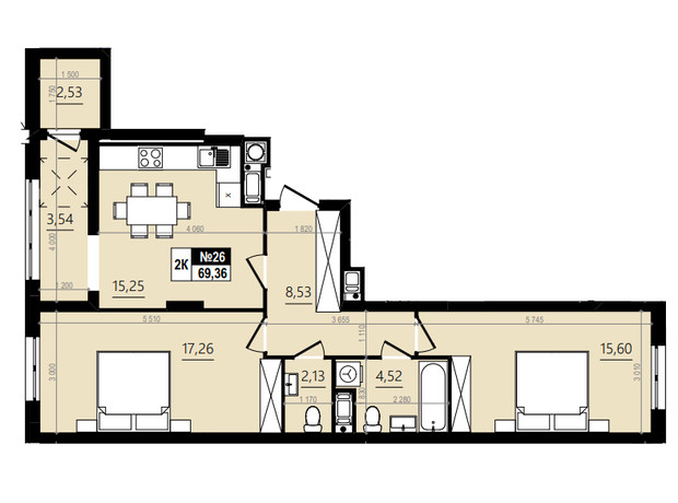 ЖК Парус Comfort: планировка 2-комнатной квартиры 70.69 м²