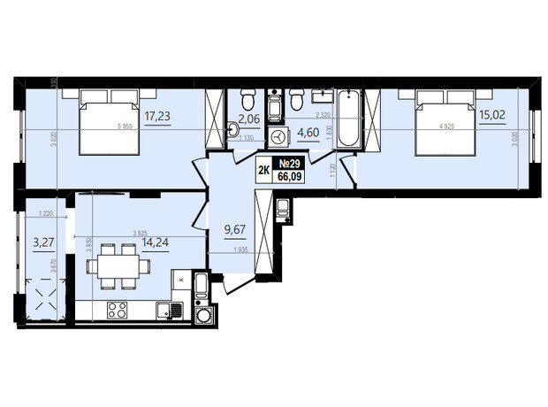 ЖК Парус Comfort: планування 2-кімнатної квартири 69.36 м²